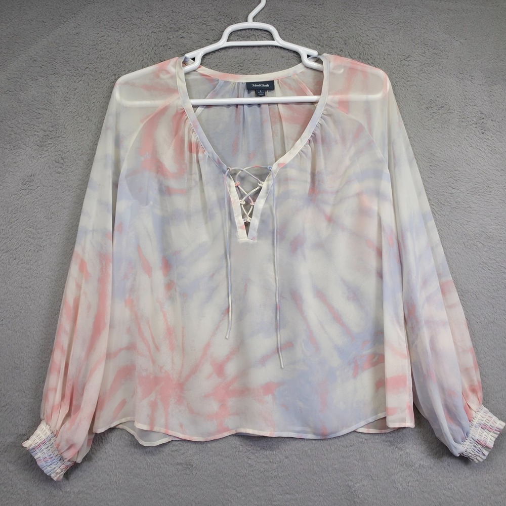 ModCloth Top‎ Womens L Blue Pink Ethereal Tie Dye Boho Peasant Sheer See Thru